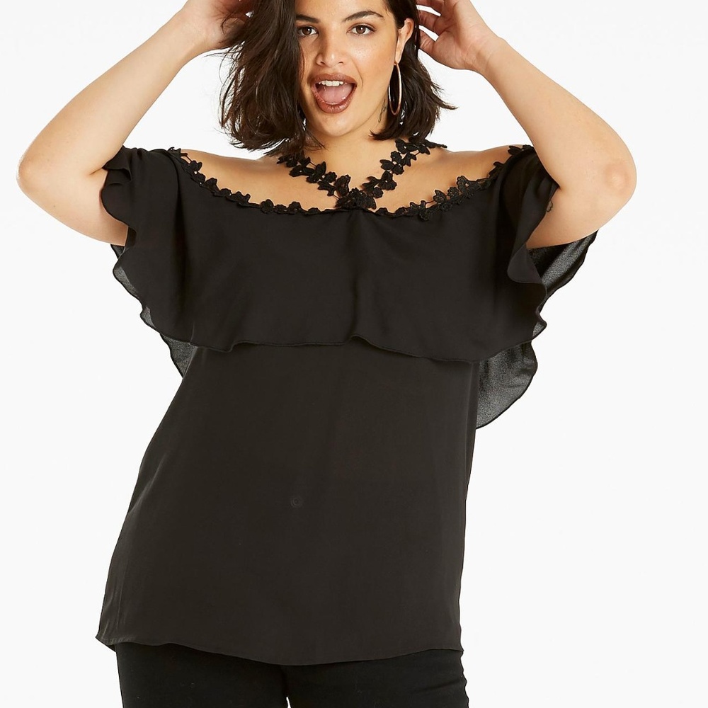 DOUBLE LAYER LACE TRIM BARDOT BLOUSE SZ 14